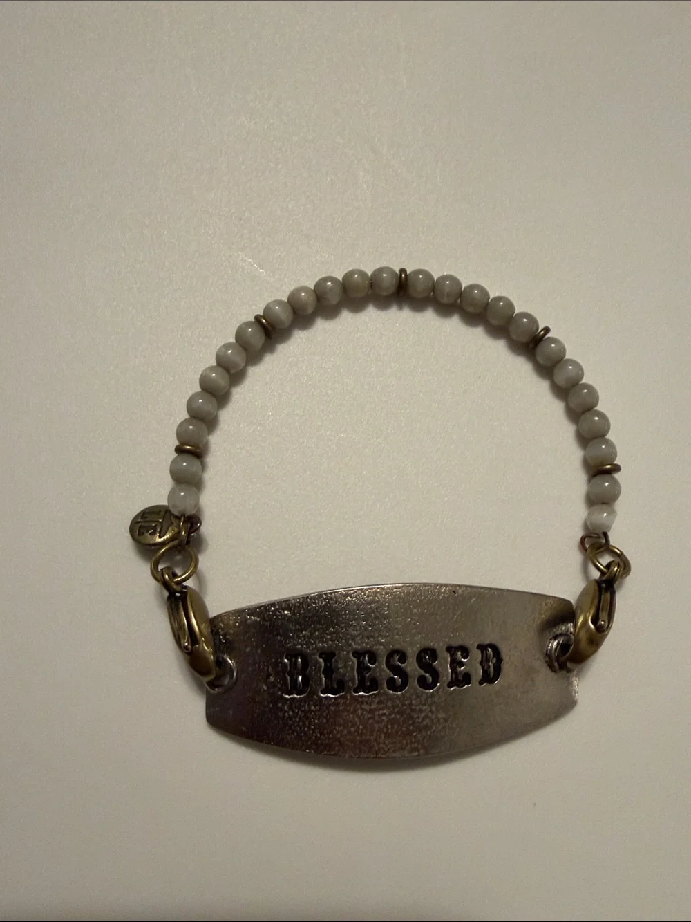 Beaded 'Blessed' Plate Bracelet in White and Gold-Tone